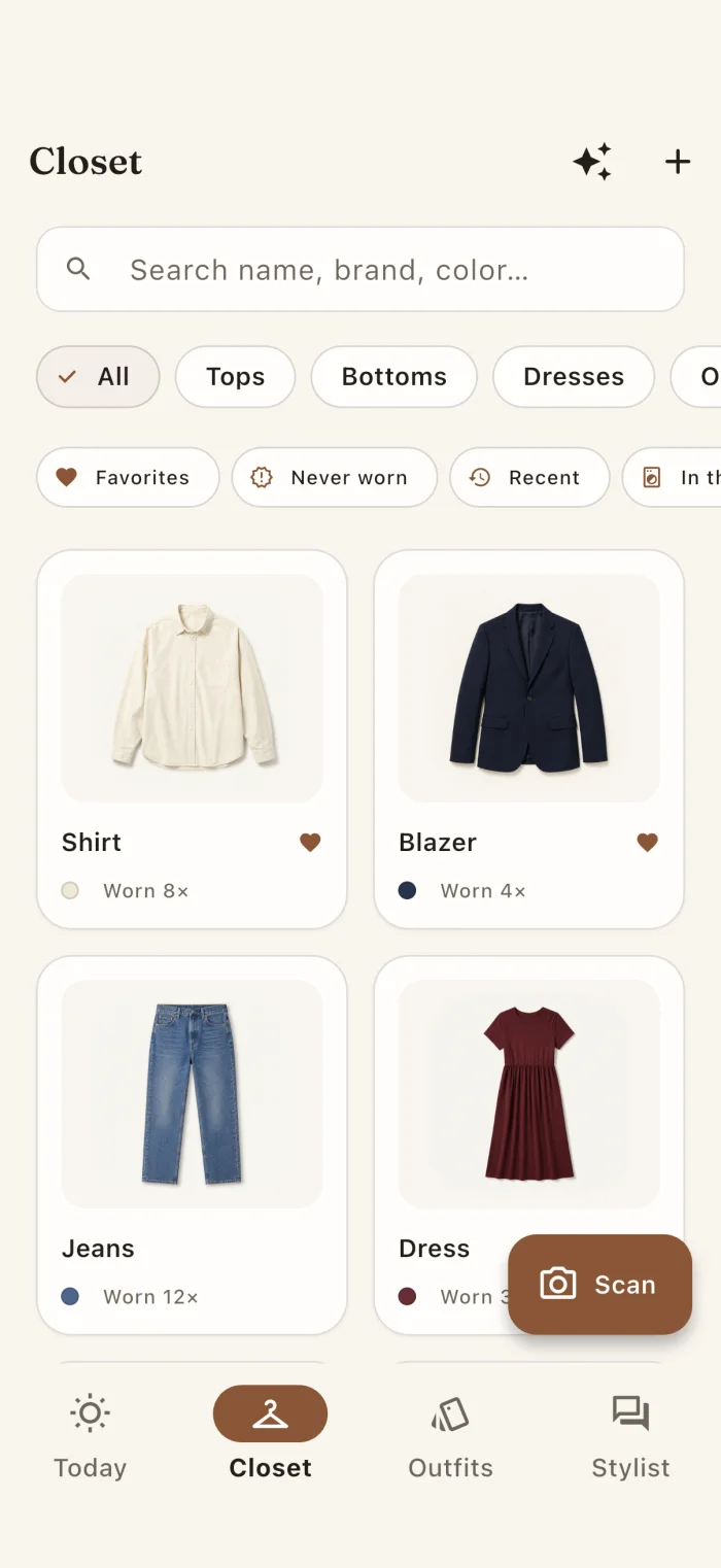 The app's wardrobe screen showing clothing pieces